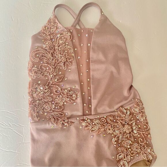 Custom solo custom dance costume leotard blush mauve rhinestone MC med child - Picture 4 of 14